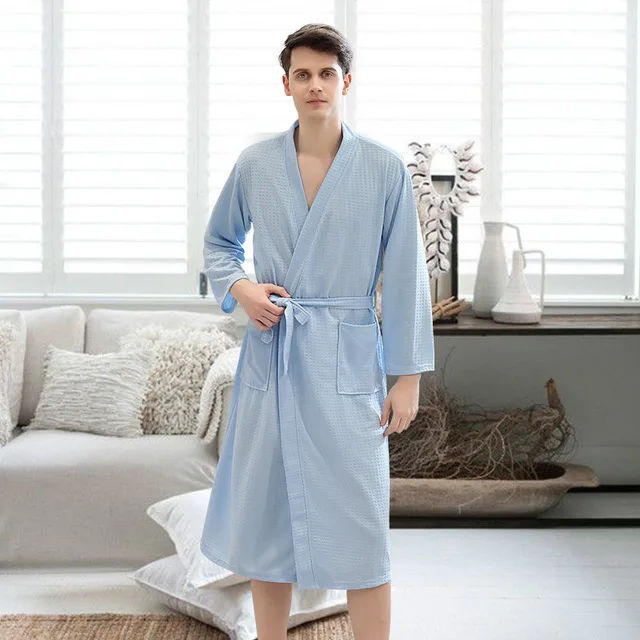 men blue Летний вафельный банный халат всасывающий водный мужской халат сексуальный Ночной халат мужские большие размеры кимоно Халаты женские пижамы для отдыха - Цвет: men blue