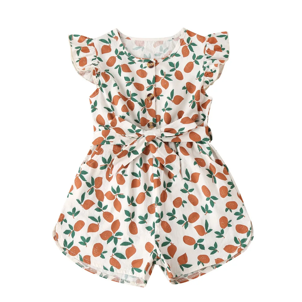 

New Kids Baby Girls Fly Sleeve Print Belt Bow Outwear Jumpsuits Casula Cotton Toddler Children Clothes Overalls Romper 18M-6Y