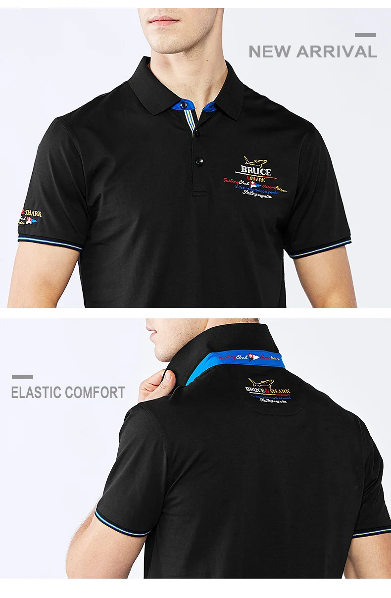 

T-shirt Stretching Bruce&Shark mercerized Cotton Casual Fashion Business style Nice Embroidery Men Tees plus sie 3XL 4XL