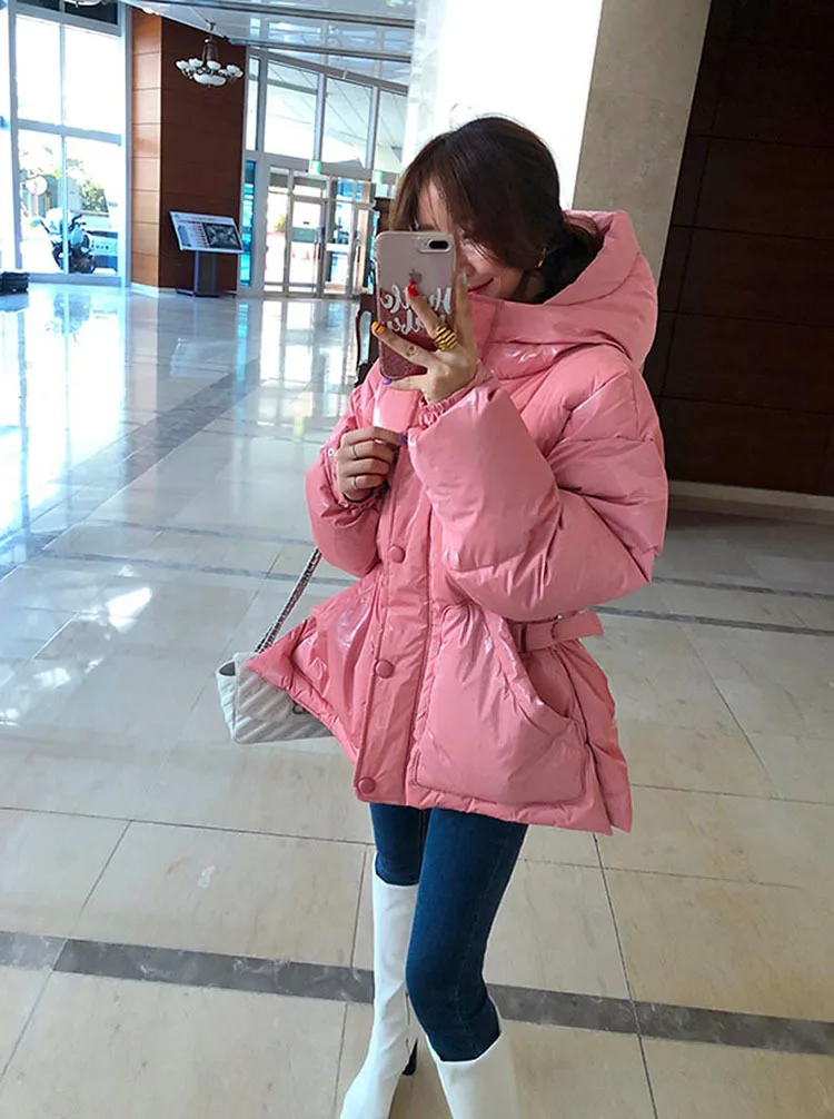 New Winter Women's Jacket hooded parka Bright Colors Insulated Puffy Coat collar hooded Parka Loose waist Belt outwear M192
