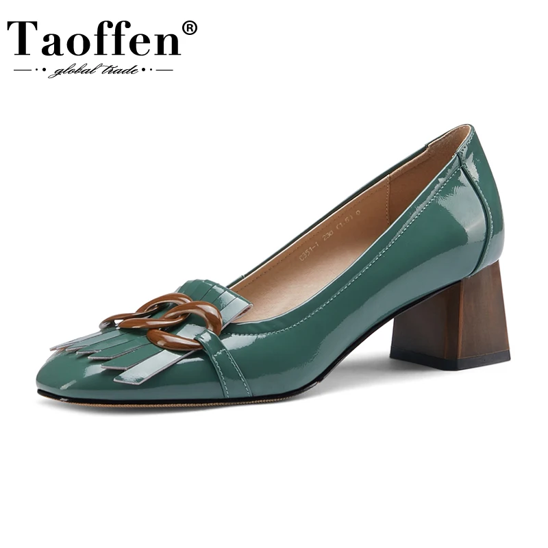 

Taoffen Size 33-40 New Arrived Women Real Leather High Heel Shoes For Women Fashion Square Toe Patent Leather Pumps Footwear