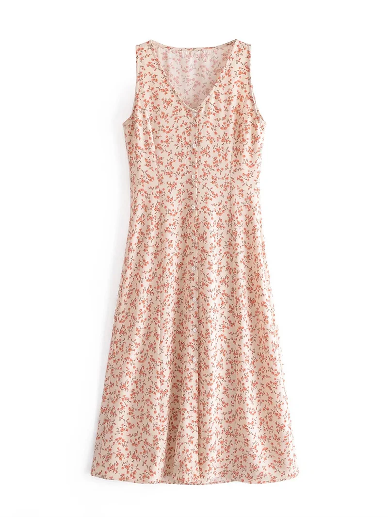 

ZXQJ Casual Women Sleeveless Midi Dress 2021 Autumn Fashion Ladies Flower Printing Loose Frenulum Dress Female V-neck Dress