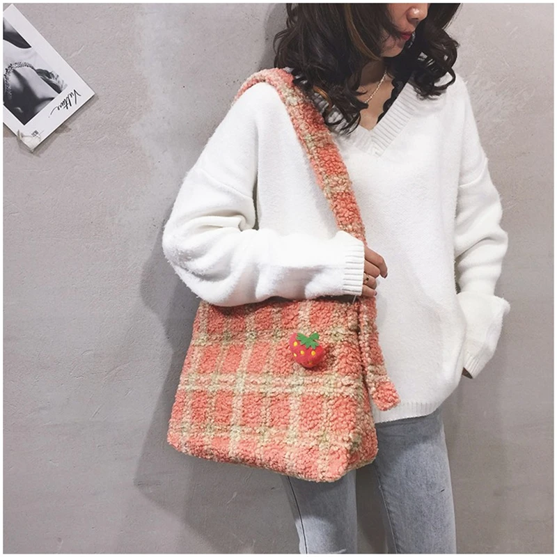 

Berber Fleece Women'sFashion Baguette Bag Grid Design Ladies Single Shoulder Bag High Quality Crossbody Bags for Women