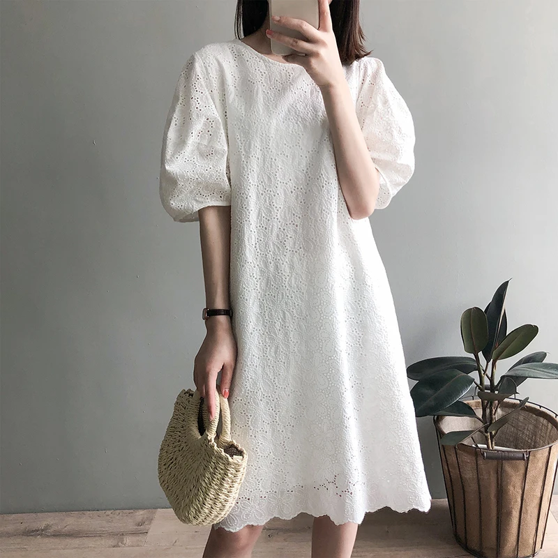 

2021 Summer Korean Style Puff Sleeve Women Dress Mid-Length Hollow Out Loose Dress Fashion O-Neck White Pullover Ladies Dresses