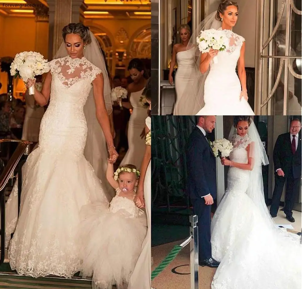 Винтажное кружевное свадебное платье Русалка с высоким воротником и рукавами