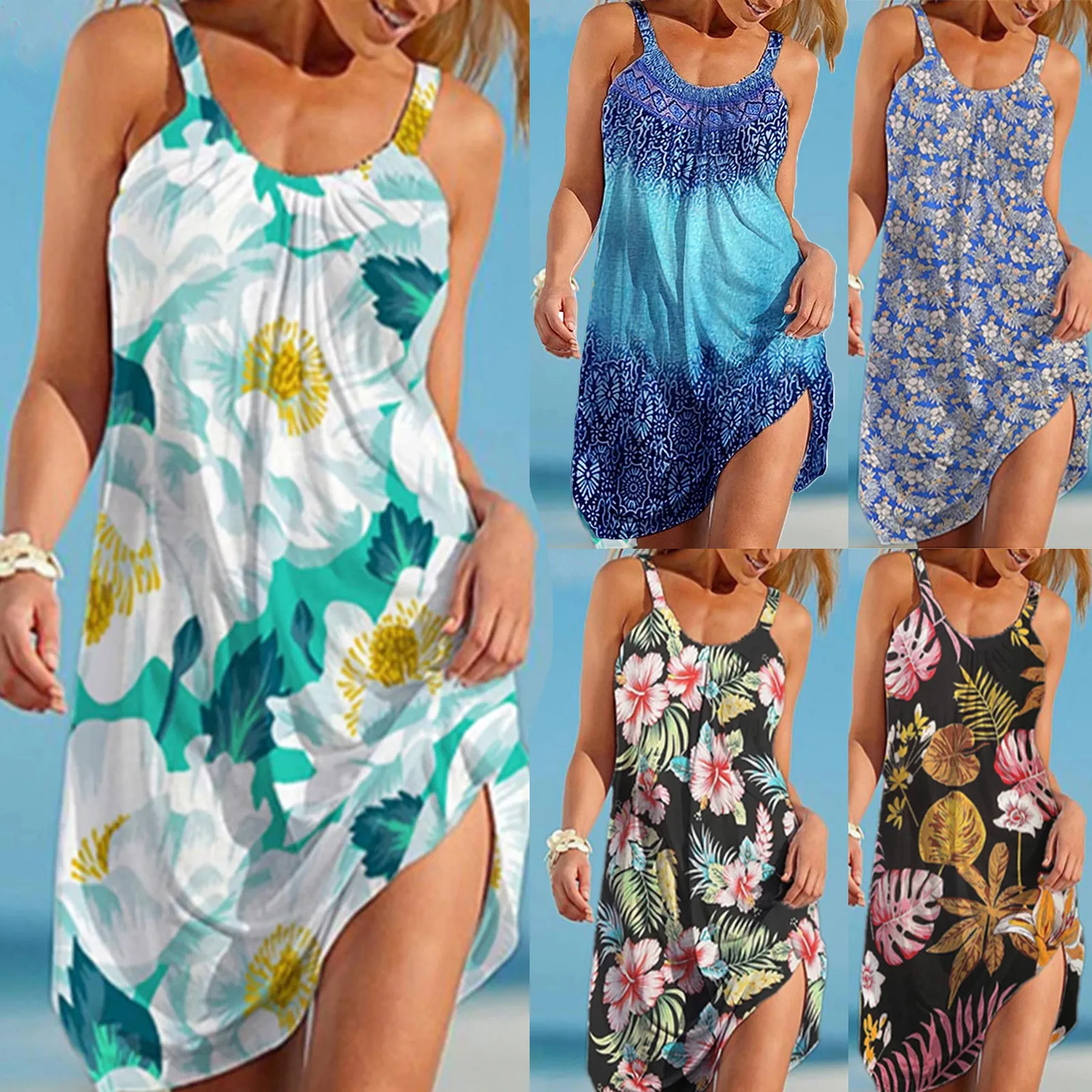 

Long Dress New Fashion Women Sexy Boho Floral Print Sleeveless Beach Style Strap Sundress Vestidos For Female Knee-length Dress
