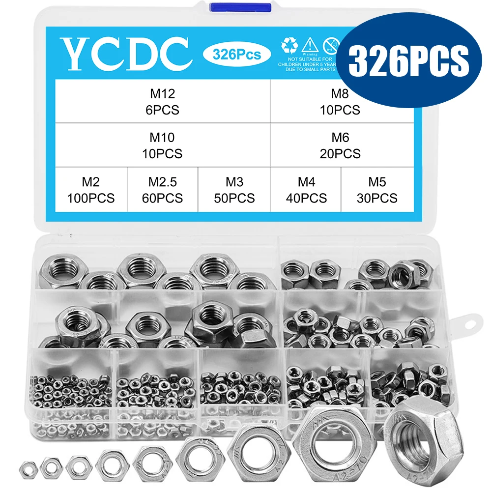 

YCDC 326Pcs 304 Stainless Steel Nylon Self-locking M2 M2.5 M3 M4 M5 M6 M8 M10 M12 M2-M12 Hex Nut Hexagon Assortment Kit Slip