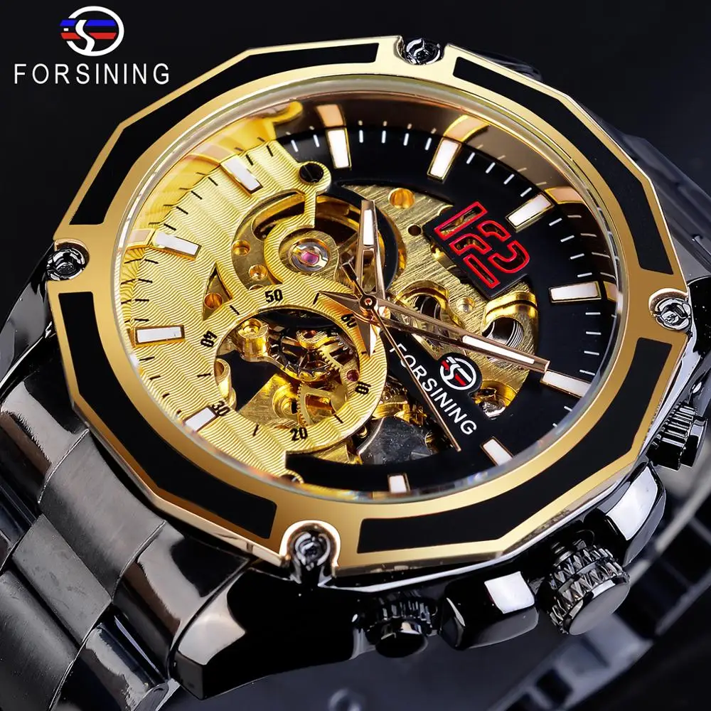 Forsining Golden Skeleton Military Black Stainless Steel Design Automatic Sport Hour Timepiece Mechanical Watch Top Brand Luxury