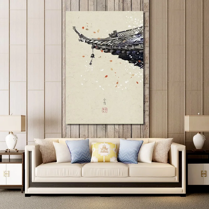 

Chinese Traditional Decorative Paintings Building Eaves Canvas Hanging Pictures For Bedroom Living Room House Decor Poster