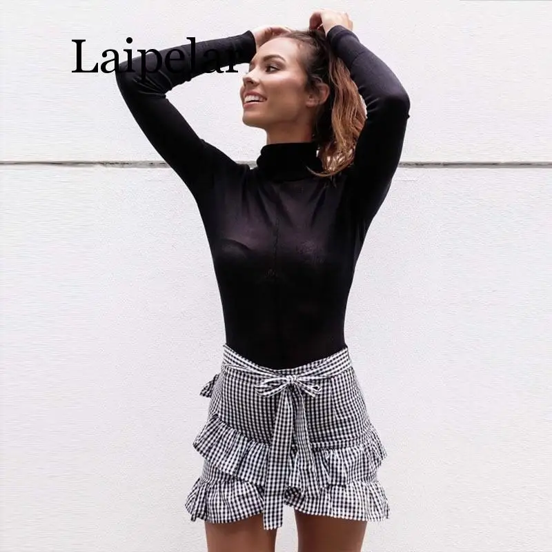 

2020 Lace up plaid short skirt women Ruffle high waist bow tie A-line skirts female bottom Vintage mini skirt summer beach