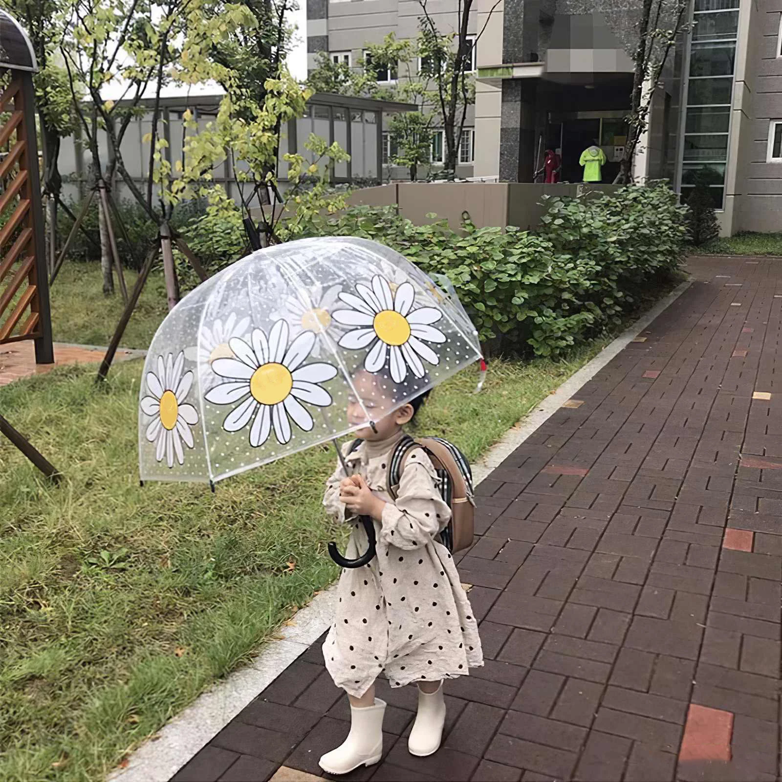 

Children Daisy Pattern Transparent Stick Umbrella Colorful Large Dome Windproof Lightweight Durable Clear Kid Bubble Umbrella