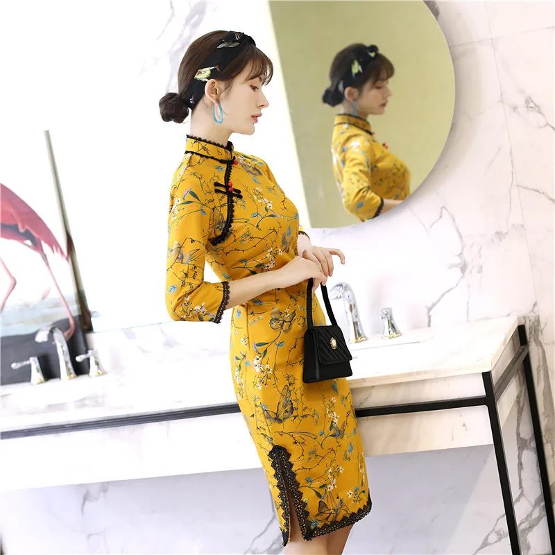 Высококачественная элегантная замшевая ткань Qipao китайское народное женское Повседневное платье с рукавом три четверти С Принтом Короткое платье Cheongsam S-2XL
