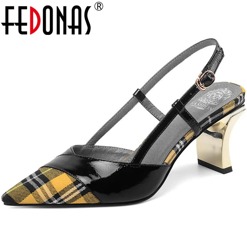 

Женские босоножки с острым носком FEDONAS, черные босоножки из натуральной кожи на высоких каблуках, с металлической пряжкой, на лето