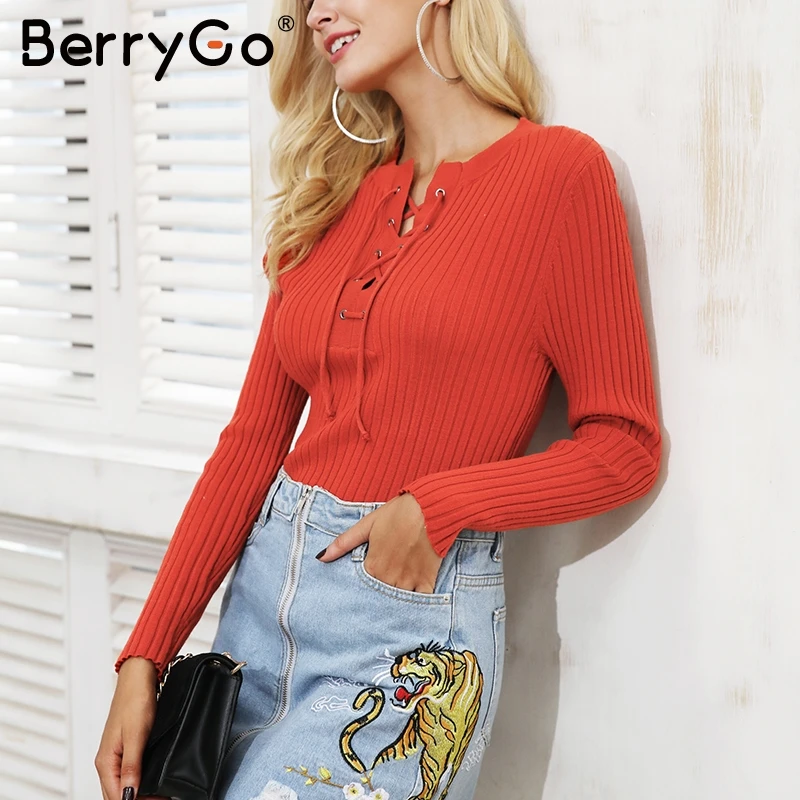 Женский вязаный свитер с круглым вырезом BerryGo Повседневный пуловер завязками