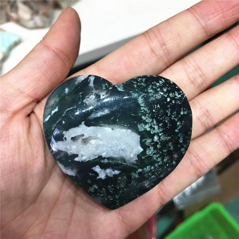 1pc Natural Crystal Moss Agate Love Heart Shaped Crystal Healing Stone Home Decoration