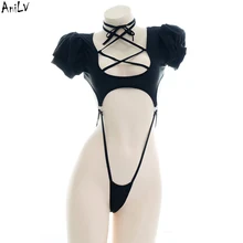 AniLV 애니메이션 학생 퍼프 슬리브 블랙 원피스 수영복 의상, 크로스 스트랩 바디 슈트 수영복 유니폼 풀 파티 코스프레