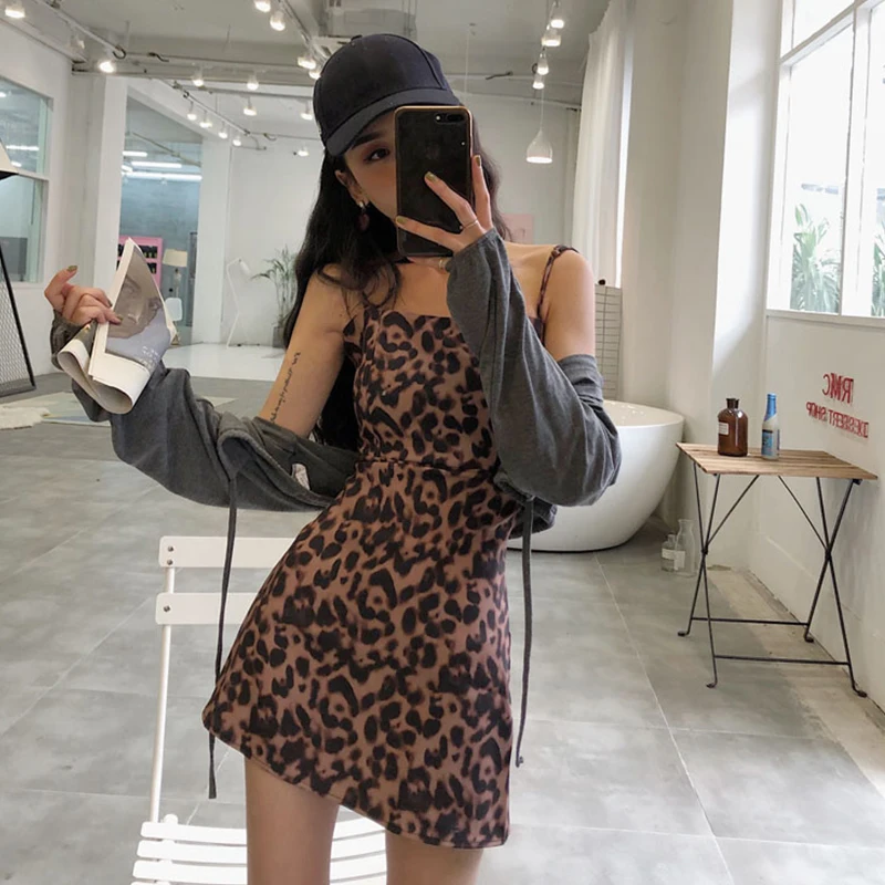 Леопардовое платье для девушек винтажное тонкое без рукавов на бретельках топ