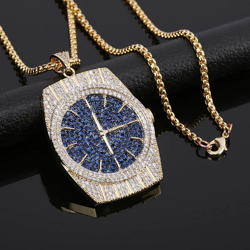Bling Ice Out часы Форма Подвески ожерелье для мужчин AAA циркон хип хоп рэппер