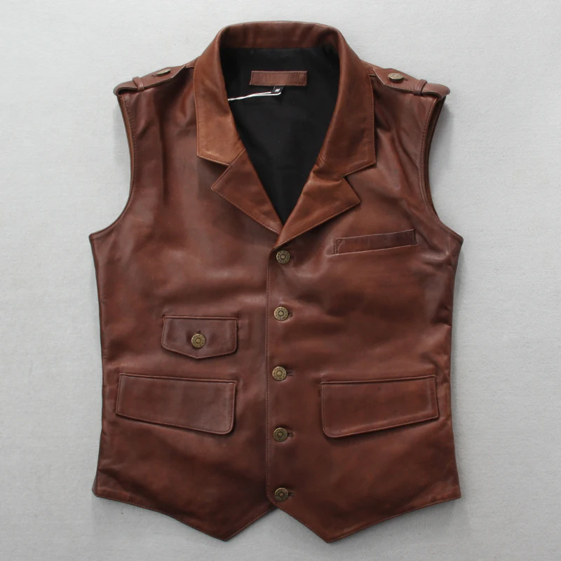 2019 жилет бесплатная доставка винтажный Коричневый Мужской из натуральной кожи
