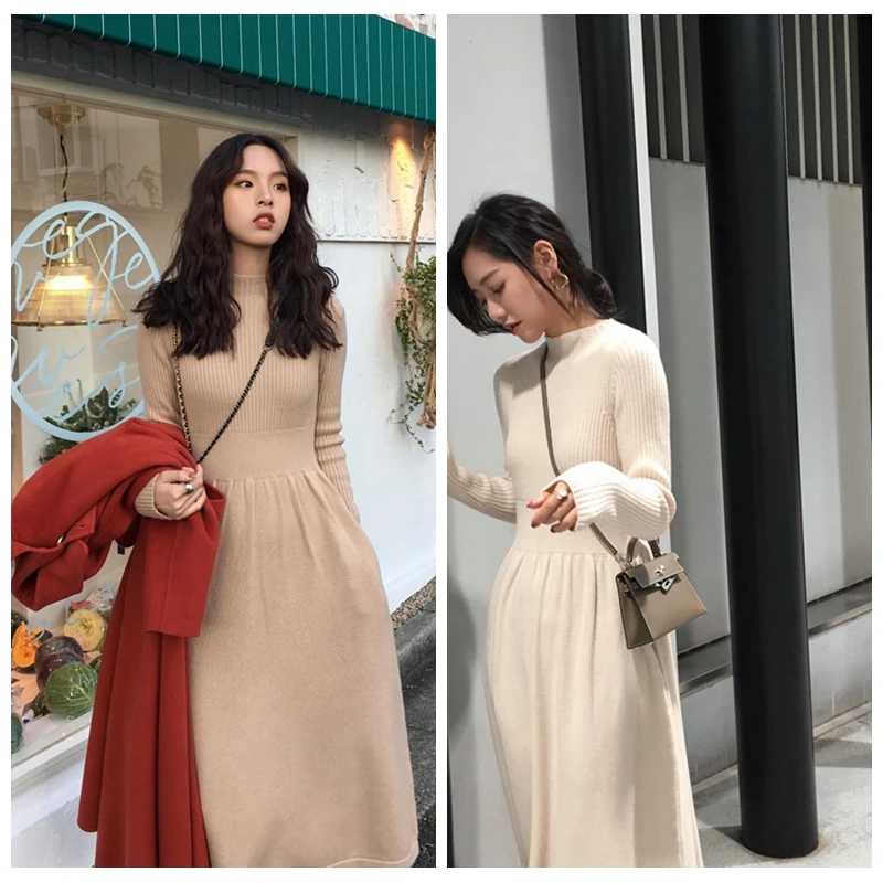 

Women Dress O -Neck Knitted Dress Long Sleeve High Waist Mid Length Solid Color Autumn Winter 2020