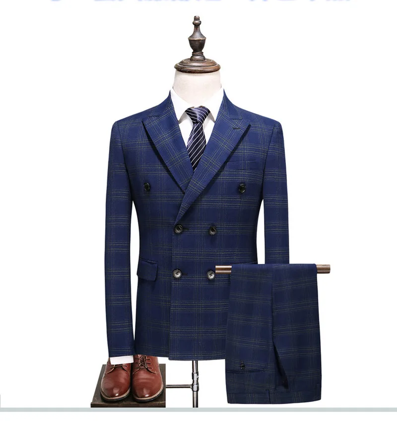 Синий клетчатый костюм для мужчин (куртка + жилет брюки) 2019 Новые Свадебные