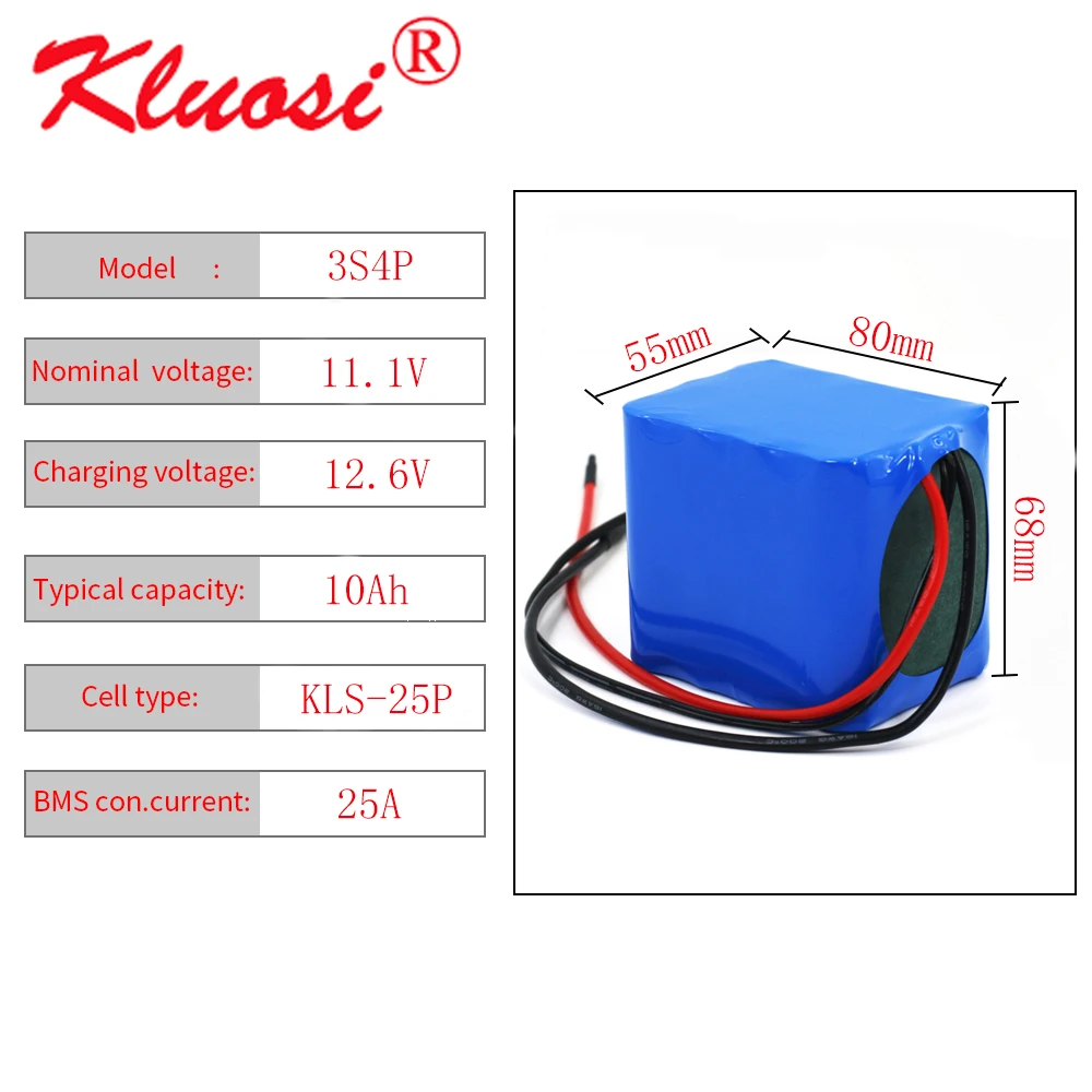 

KLUOSI 12V 10Ah 250W 3S4P High Capacity 12.6V Li-ion Battery Pack with 25A BMS for LED Lamp Light Backup Power Electrical Tool