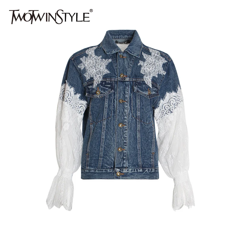 TWOTWINSTYLE Цветочная кружевная Лоскутная куртка для женщин воротник с лацканами