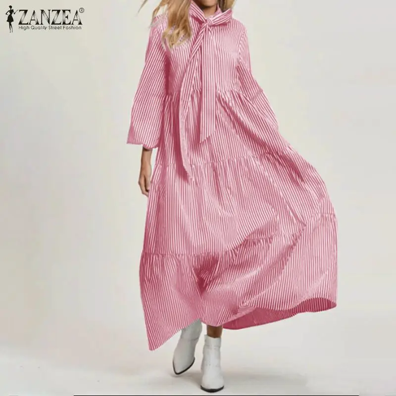 

Autumn Ruffle Maxi Vestidos Casual Striped Puff Sleeve Sundress ZANZEA Elegant Women Dress 2021 Lady Lace Up Robe Oversize