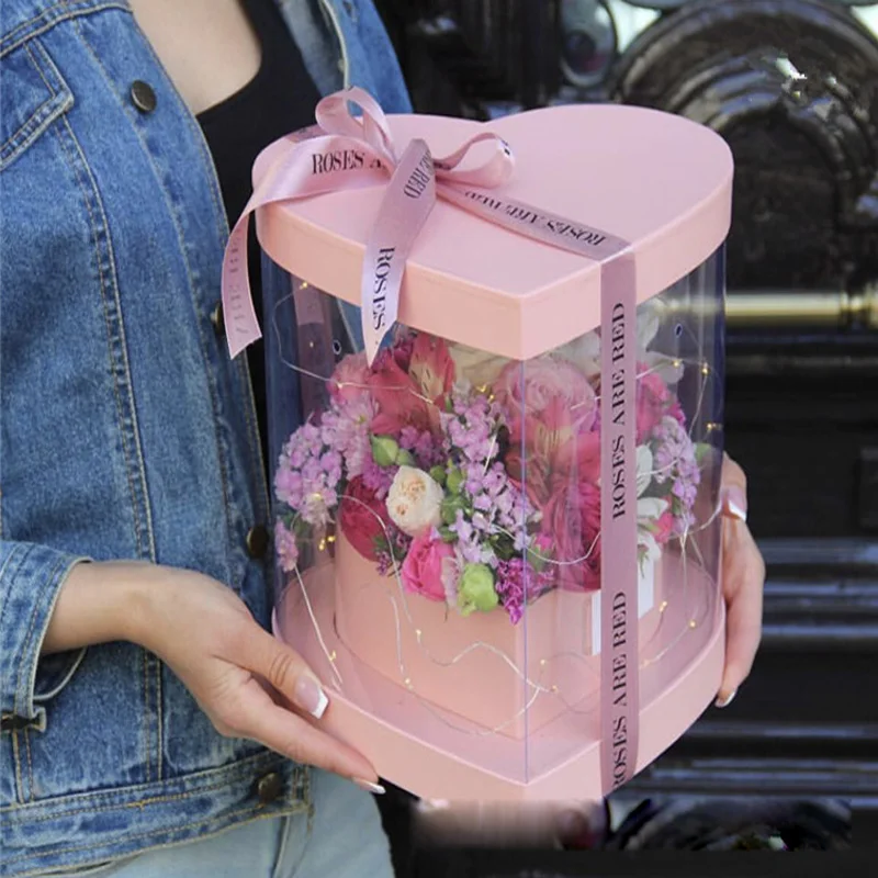 W9772-heart-shaped ПВХ прозрачные цветы Цветочная композиция Подарочная коробка День Святого Валентина праздничные Вечерние