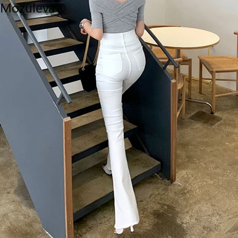 Mozuleva Chic High Waist Button Jeans 2022 Summer Women Skinny Denim Flare Pants Elegant Slim Female White Ladies Pantalon | Женская