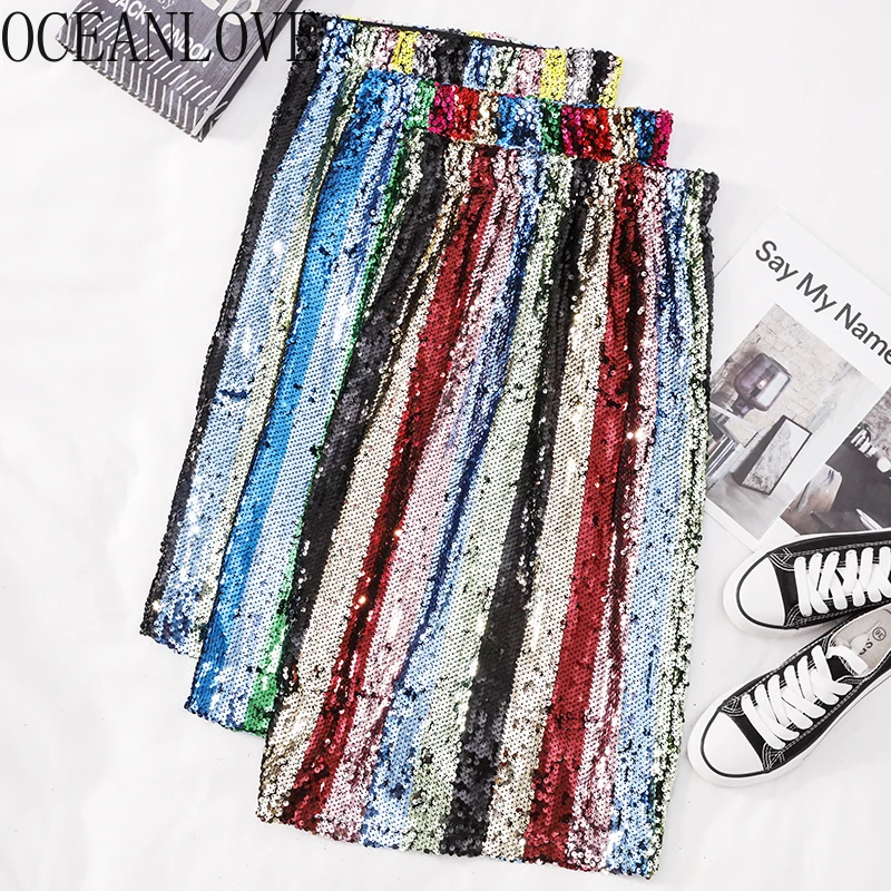 Женская юбка с блестящими пайетками а-силуэт в полоску контрастный цвет