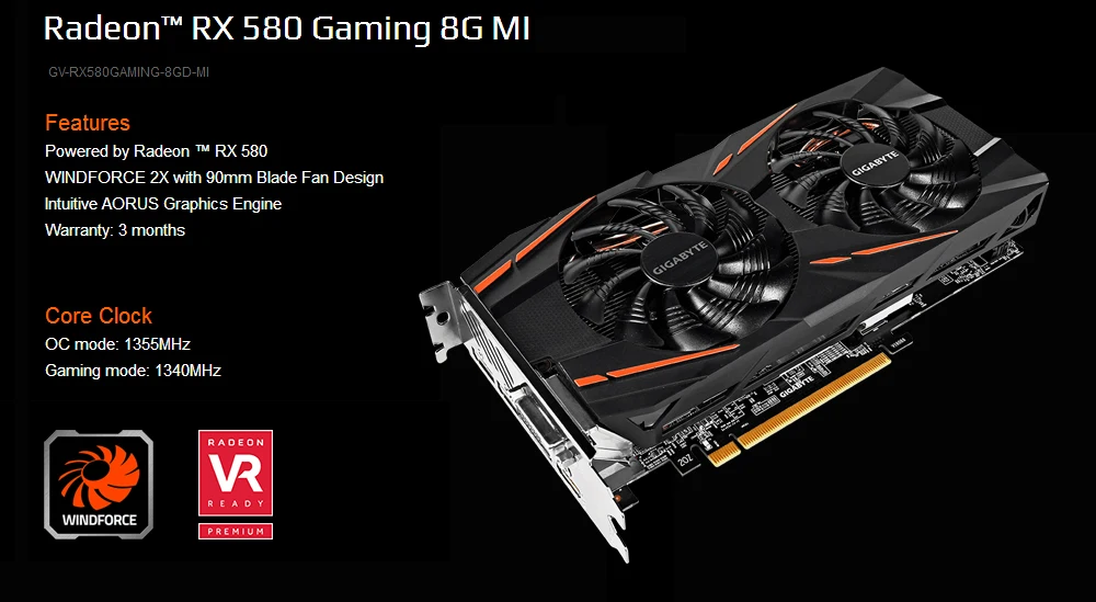 Видеокарта Gigabyte Radeon RX 580 Ga mi ng 8G mi на базе интуитивно понятной видеокарты AORUS 256 Bit 8 GB WINDFORCE 2X с 90 мм лопастным вентилятором