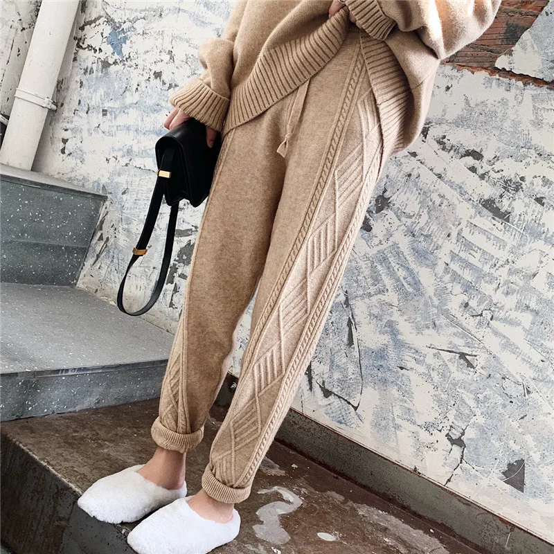 

2021 Women's Winter Knitted Long Harem Pants Casual Solid Loose High Waist Elastic Waist Korean Style Female Trousers