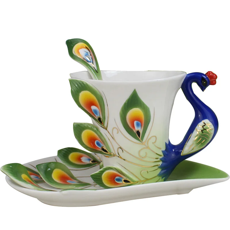 Эмалированные кофейные кружки Peafowl чашки Procelain для чая с блюдцем ложкой