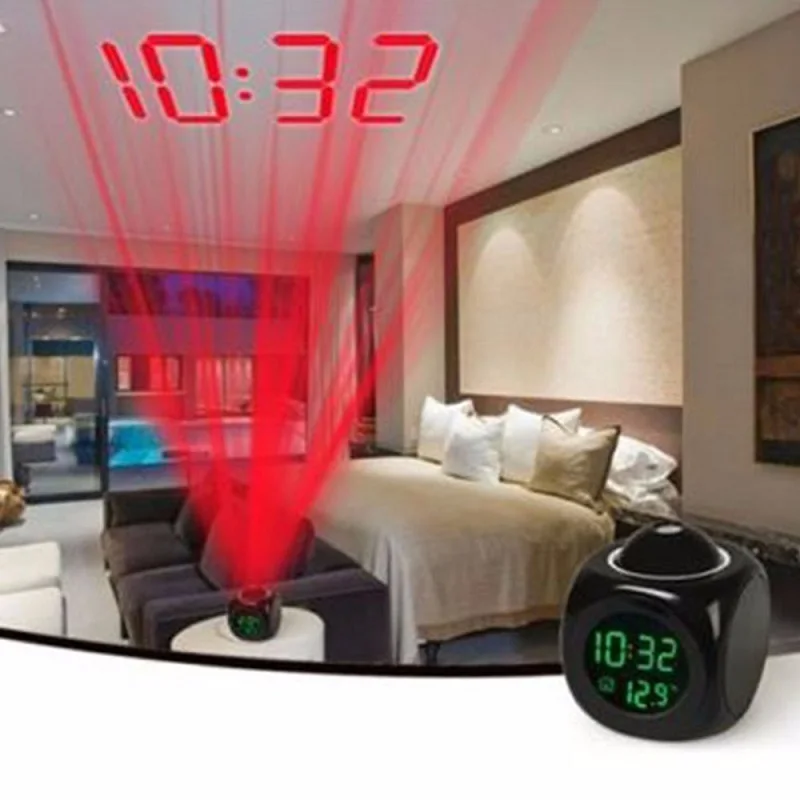 LCD Projection Alarm Clock Talking Voice Prompt Thermometer Snooze Function Desk Table Decor LED Display Time Digital |