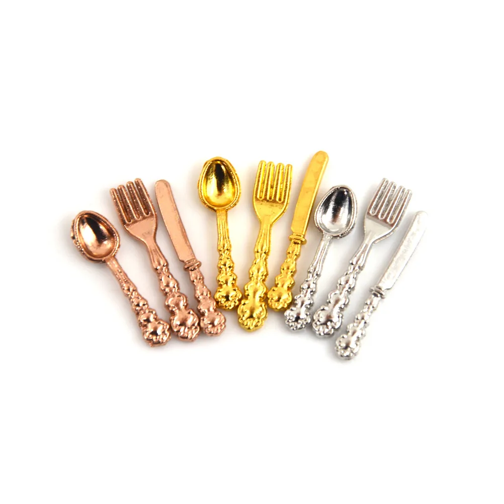 1-12Pcs 1:12 Mini Dollhouse Miniatures Tableware Cutlery Knife Fork Spoon Cake Chopping Block Kettle Kitchen Food Toys - купить по