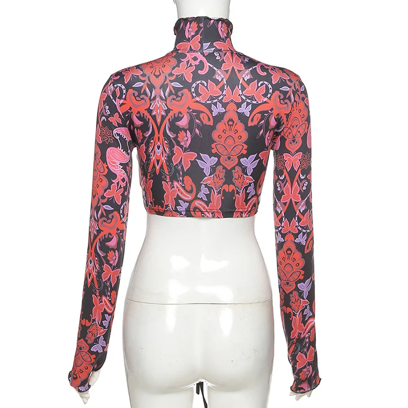

Autumn Long Sleeve Turtleneck T Shirt Women Fashion Sexy Print Hollow Out Bandage Slim Tops Street Casual Tee Shirt Ladies