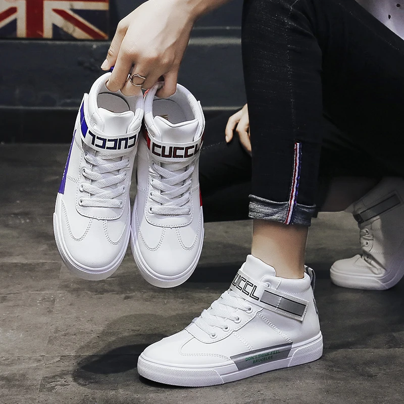 Модные женские белые кроссовки Высокие Женская обувь Повседневная на плоской