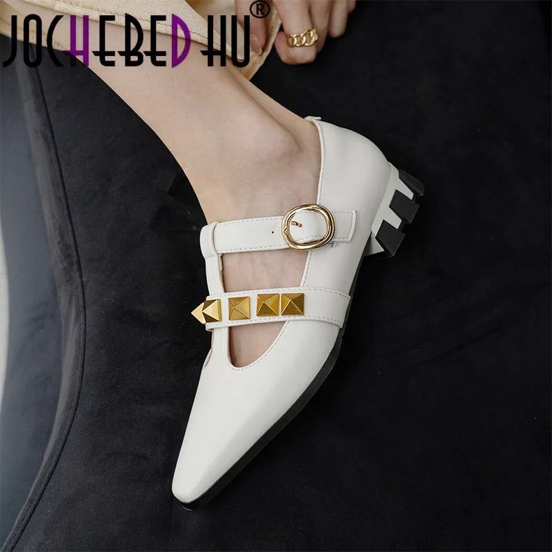 

【JOCHEBED HU】2021New Rivet Nude shoes For Girls Women Flat Heel Pointed Toe Genuine Leather Slingbacks Mules Lady Autumn 34-40