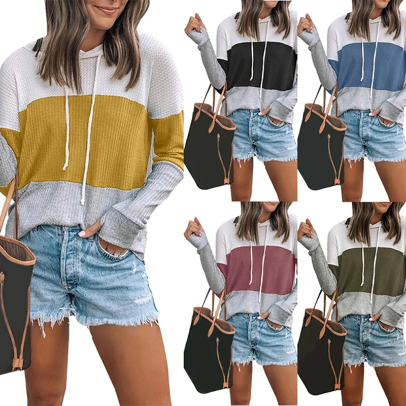 

Women's Fashion Stitching Colorblocking Wrap Waffle Drawstring Hoodie Top