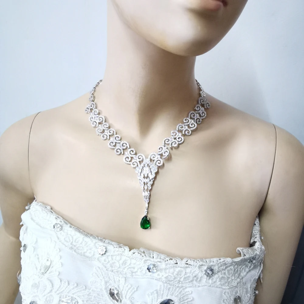 

2021 new fashion elegant retro green water dr zircon necklace earring set,wedding bride banquet dress dinner jewelry set