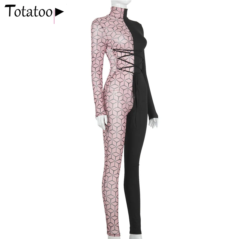 

Totatoop Turtleneck Long Sleeve Mesh Patchwork Fitness Jumpsuit Women 2020 Lace Up Bandage Rompers Clubwear Overalls