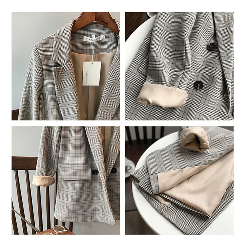 

Brand Vintage Plaid Blazer Jacket Coat Women Fashion 2021 Spring Autumn Loose Casual Ladies Designer Clothes Suit Korean Style