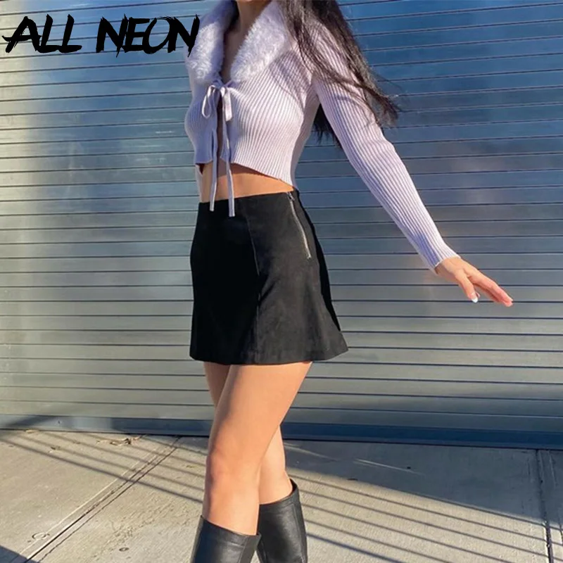 

ALLNeon Y2K Cute Aesthetics Zipper Trim High Waist Black Skirts 2000s Streetwear A-line Basic Mini Skirt Kawaii Bottoms Autumn