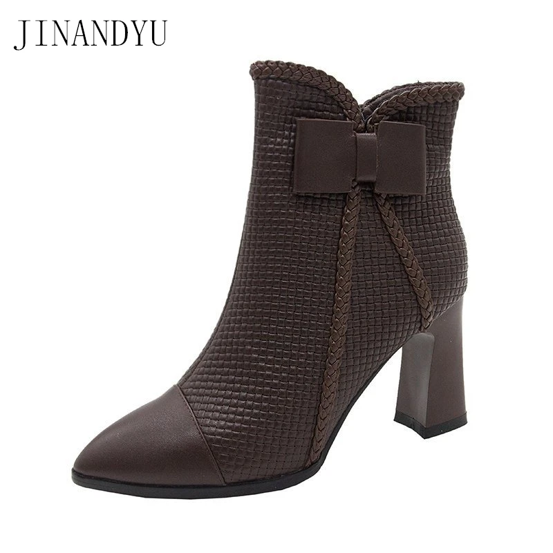 

Female Comfortable Thick Heel Ankle Boots Fashion Zipper Boots Women Round Toe Fall Winter Shoes for Women Heels Black Brown