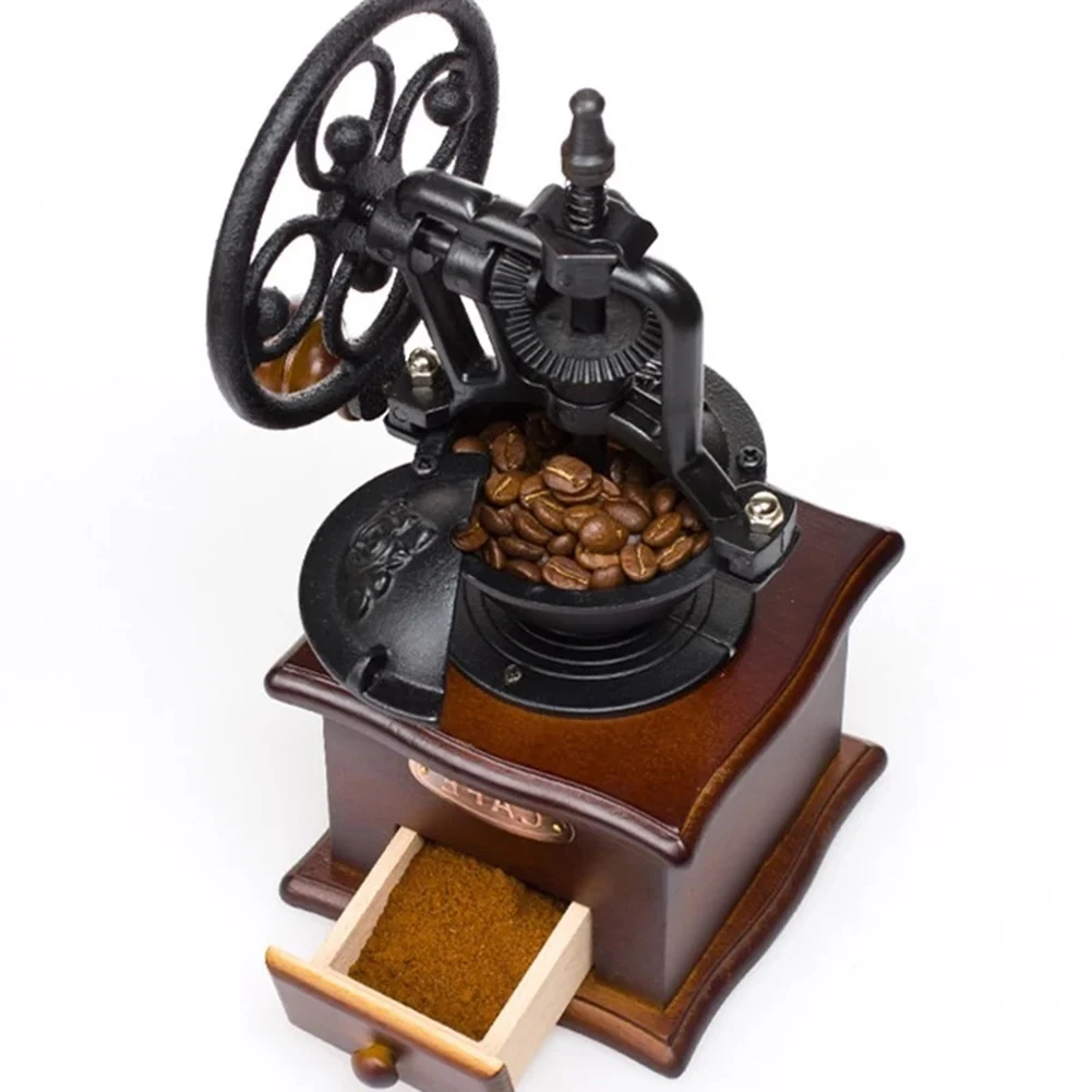 

Wooden Manual Coffee Grinder Vintage Style Coffee Bean Mill Roller Hand Crank Coffee Grinder Wheel Disc Design Kitchen Accessry