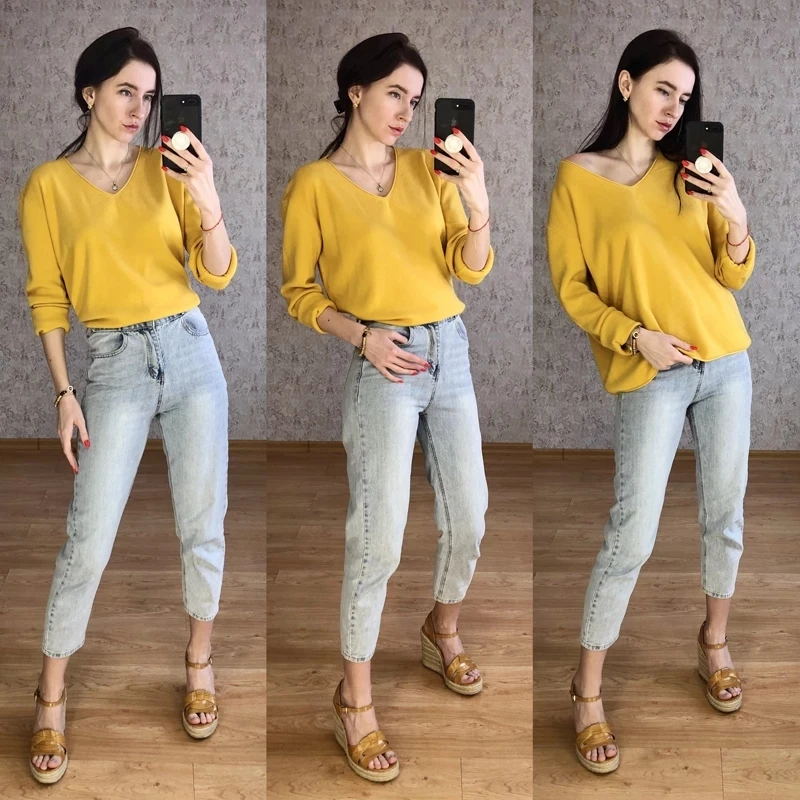 

V neck Knitted Pullover Women Spring Autumn Long Sleeve Casual Sweater Loose Solid Color Basic Knitting Jumper Tops