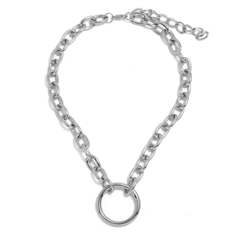 Silver KMVEXO винтажная толстая цепь ожерелье преувеличенный золотой и серебряный круглый кулон звено чокер колье классика Пара хип хоп ювелирные изделия - Окраска металла: Silver