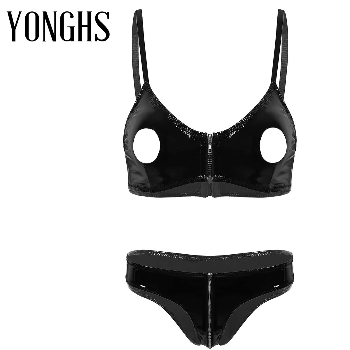 

2Pcs Womens Wet Look Patent Leather Lingerie Set Hollow out Nipple Holes Bra Top with Low Rise Zippered Crotch Underwear Panties