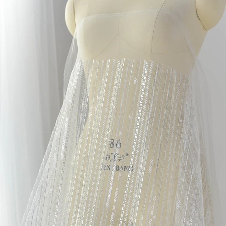 

Vertical pattern soft sequin embroidery lace fabric high-end wedding dress fabric clothing dress decoration trim material